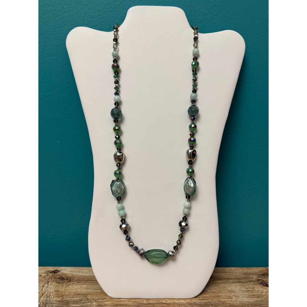 1946 C Beaded Necklace Green Aurora Crystal Greek Long Faceted Glass Adjustable